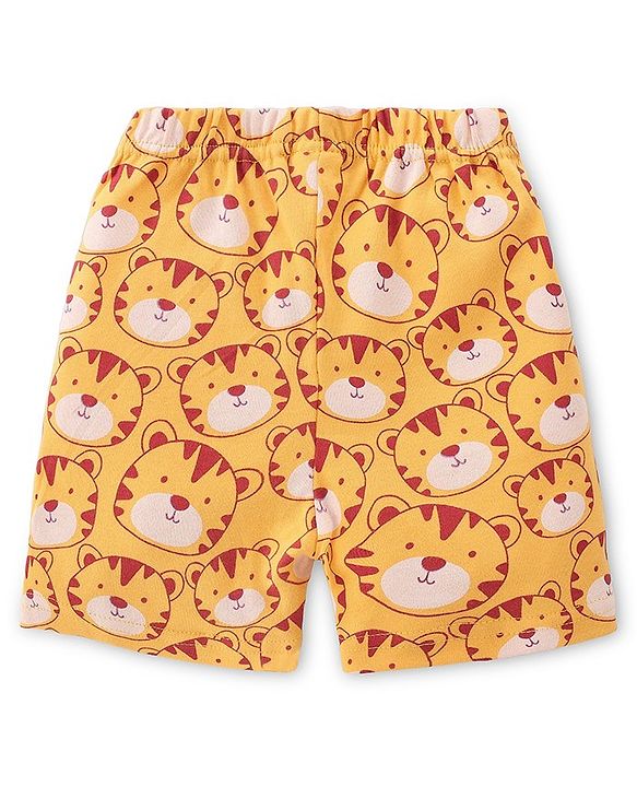 Babyhug Cotton Knit Interlock Half Sleeves Night Suit With Tiger Print - Yellow & Red