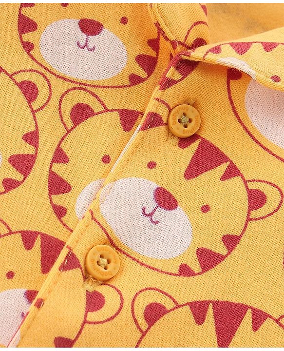 Babyhug Cotton Knit Interlock Half Sleeves Night Suit With Tiger Print - Yellow & Red