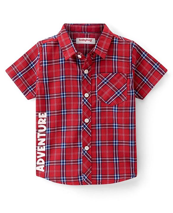 Babyhug 100% Cotton Jersey Woven Half Sleeves Shirt Checks & Text Print - Red