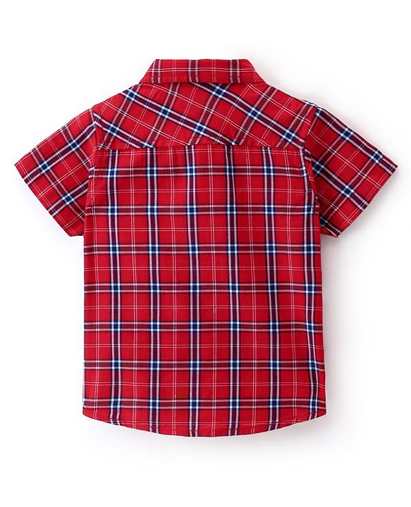 Babyhug 100% Cotton Jersey Woven Half Sleeves Shirt Checks & Text Print - Red