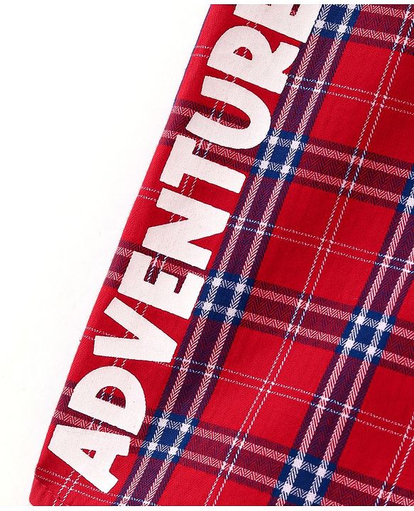 Babyhug 100% Cotton Jersey Woven Half Sleeves Shirt Checks & Text Print - Red