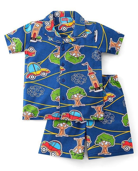 Babyhug Interlock Knit Half Sleeves Night Suit with Car Print - Blue