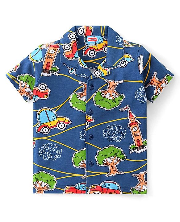 Babyhug Interlock Knit Half Sleeves Night Suit with Car Print - Blue