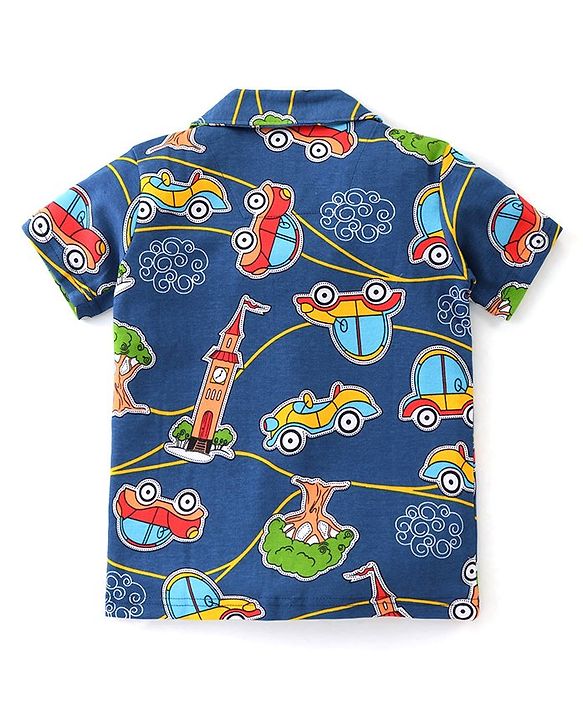 Babyhug Interlock Knit Half Sleeves Night Suit with Car Print - Blue