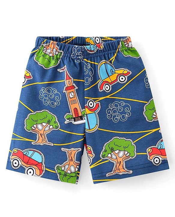 Babyhug Interlock Knit Half Sleeves Night Suit with Car Print - Blue