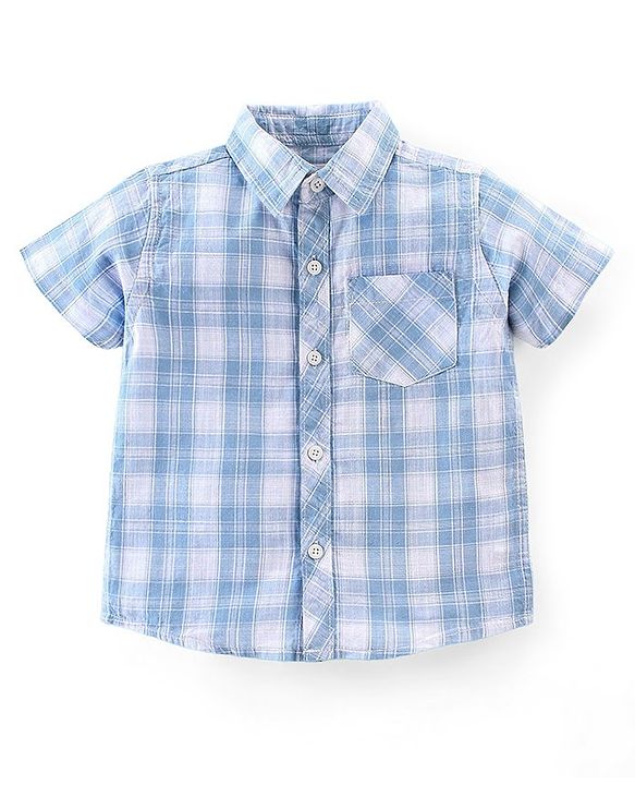 Babyhug 100% Cotton Woven Half Sleeves Checkered Shirt with Inner Tee Beach Print - Blue