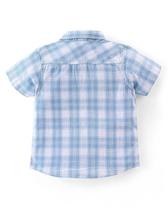 Babyhug 100% Cotton Woven Half Sleeves Checkered Shirt with Inner Tee Beach Print - Blue