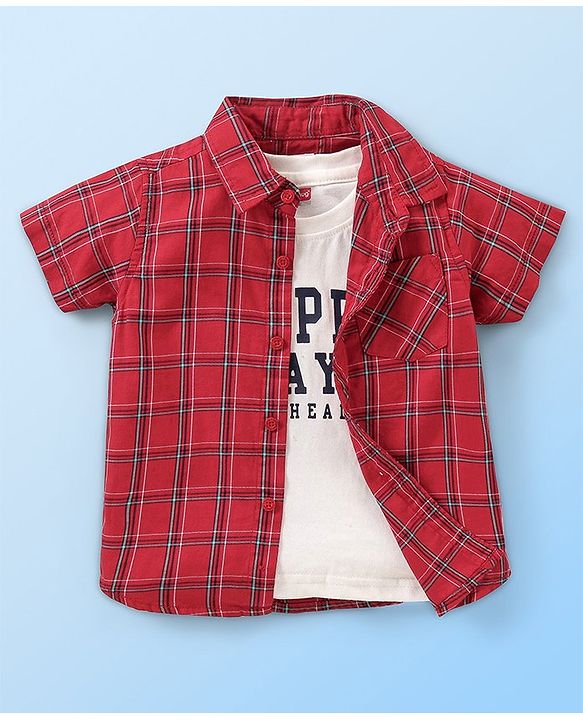 Babyhug Cotton Woven Half Sleeves Checked Shirt With Sleeveless T shirt  Text Print - Red & White