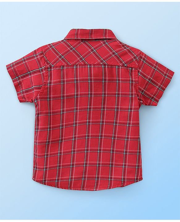 Babyhug Cotton Woven Half Sleeves Checked Shirt With Sleeveless T shirt  Text Print - Red & White