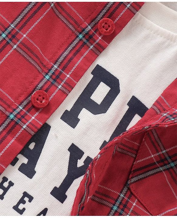 Babyhug Cotton Woven Half Sleeves Checked Shirt With Sleeveless T shirt  Text Print - Red & White
