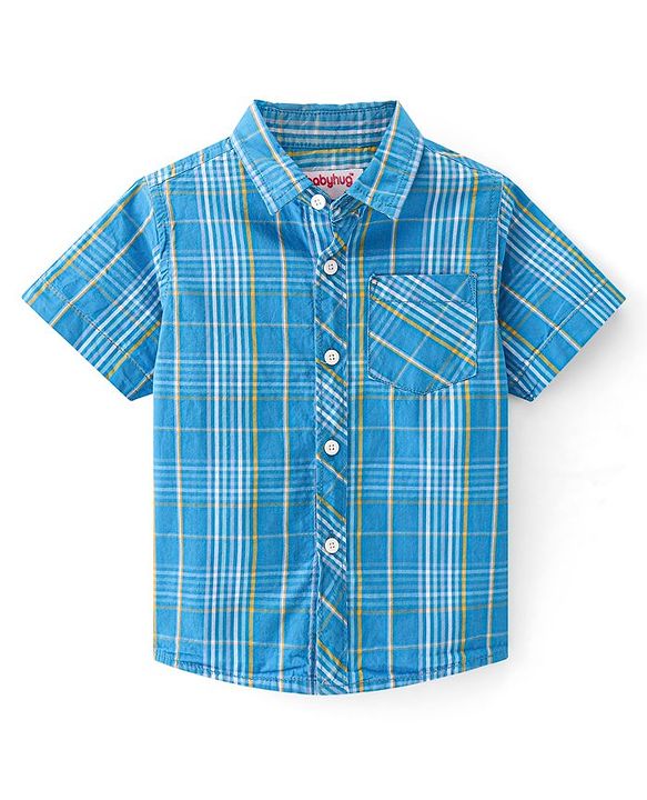 Babyhug Cotton Woven Half Sleeves Checked Shirt With Text Print T-Shirt - Blue