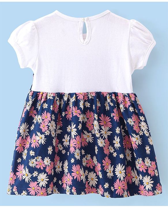 Babyhug Single Jersey Knit Half Sleeves Frock with  Floral Print - White & Navy
