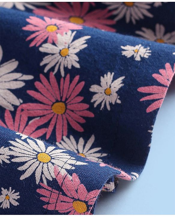 Babyhug Single Jersey Knit Half Sleeves Frock with  Floral Print - White & Navy