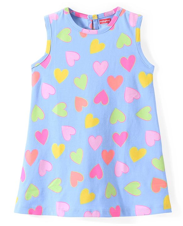 Babyhug Single Jersey Knit Sleeveless Frock Heart Print - Blue