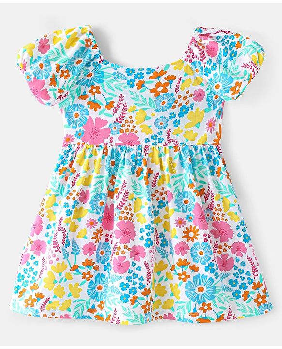 Babyhug Single Jersey Knit Half Sleeves Frock with Floral Print - White