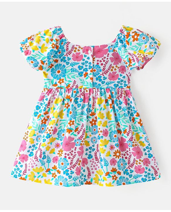 Babyhug Single Jersey Knit Half Sleeves Frock with Floral Print - White