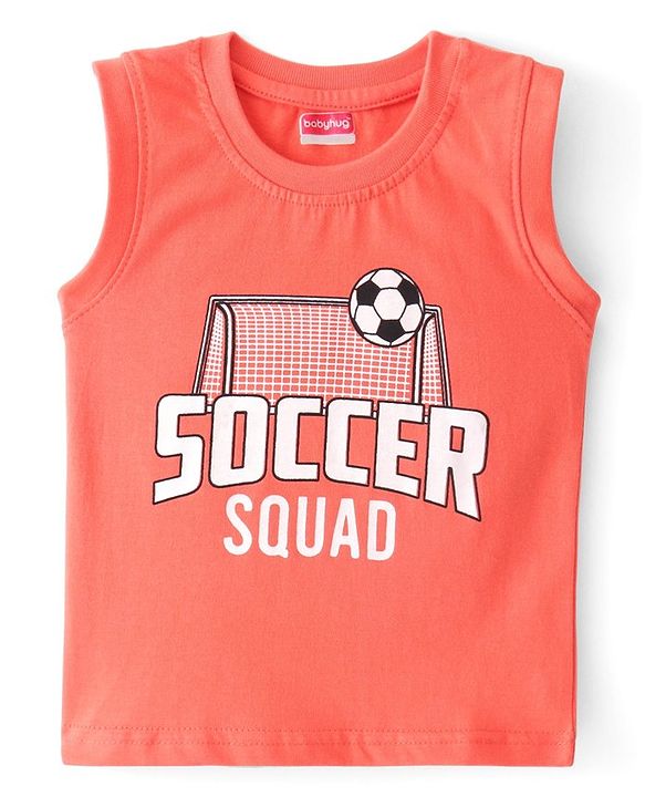 Babyhug 100% Cotton Woven Half Sleeves Check Shirt with Sleeveless Inner T-Shirt Soccer Print - Orange