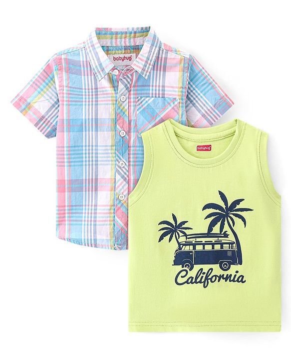 Babyhug Cotton Woven Half Sleeves Checked Shirt & California Print T-Shirt - Multicolor