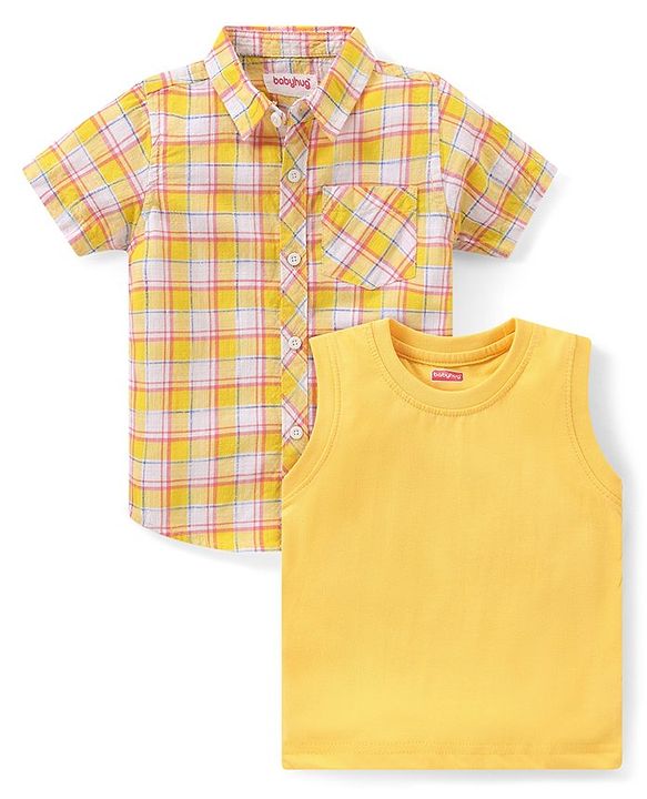 Babyhug Cotton Woven Half Sleeves Checked Shirt With Solid Sleeveless T-Shirt - Yellow