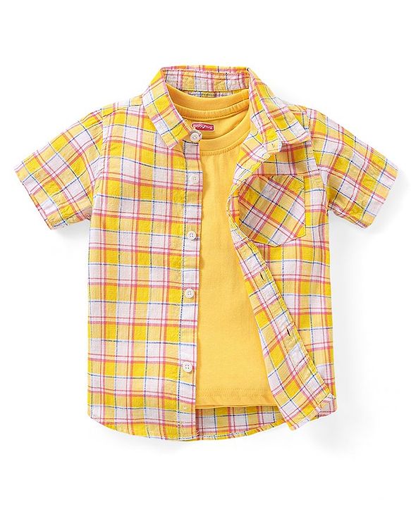 Babyhug Cotton Woven Half Sleeves Checked Shirt With Solid Sleeveless T-Shirt - Yellow
