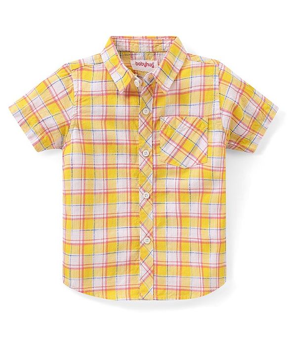 Babyhug Cotton Woven Half Sleeves Checked Shirt With Solid Sleeveless T-Shirt - Yellow