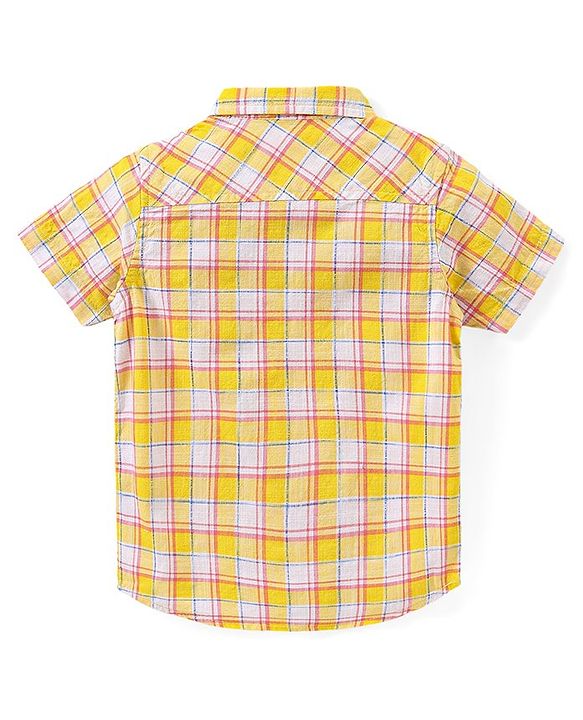 Babyhug Cotton Woven Half Sleeves Checked Shirt With Solid Sleeveless T-Shirt - Yellow