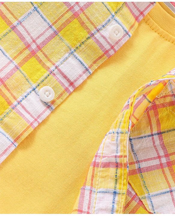 Babyhug Cotton Woven Half Sleeves Checked Shirt With Solid Sleeveless T-Shirt - Yellow