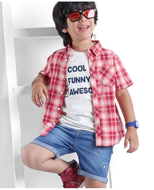 Babyhug 100% Cotton Woven Half Sleeves Regular Collar Check Shirt with Text Print T- Shirt-Multicolour