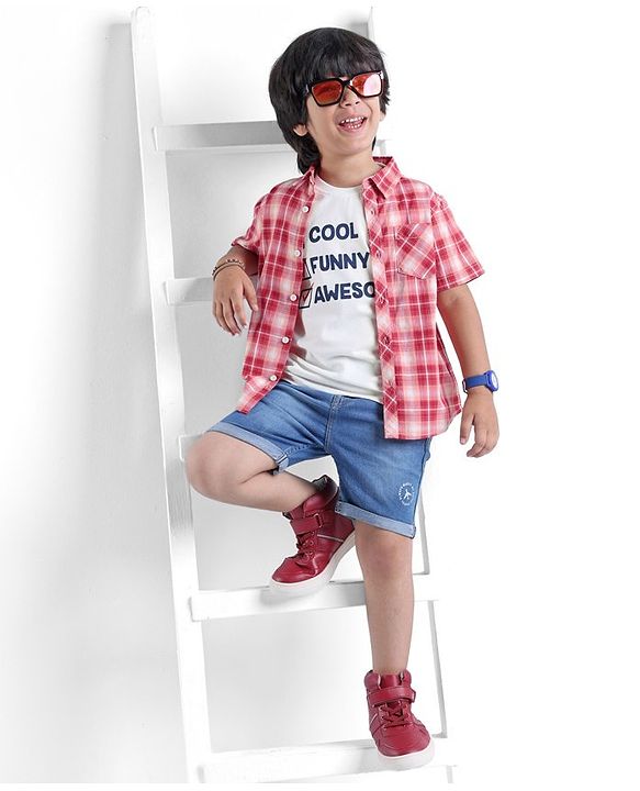 Babyhug 100% Cotton Woven Half Sleeves Regular Collar Check Shirt with Text Print T- Shirt-Multicolour