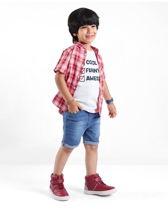 Babyhug 100% Cotton Woven Half Sleeves Regular Collar Check Shirt with Text Print T- Shirt-Multicolour