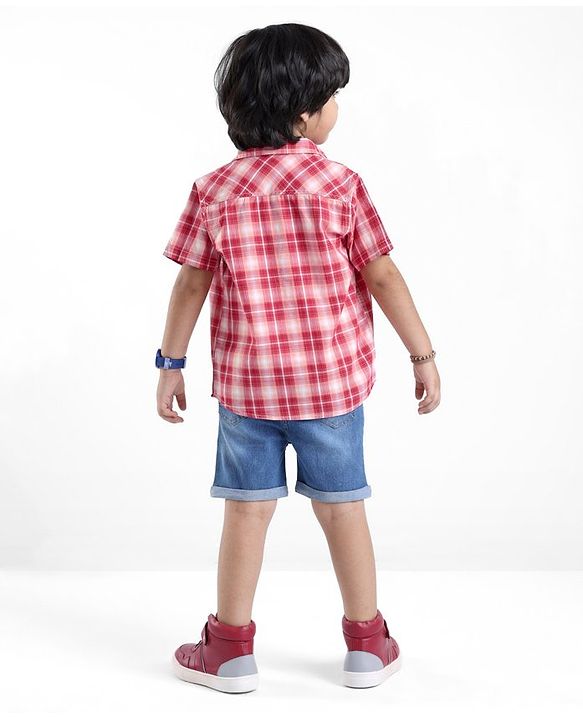 Babyhug 100% Cotton Woven Half Sleeves Regular Collar Check Shirt with Text Print T- Shirt-Multicolour