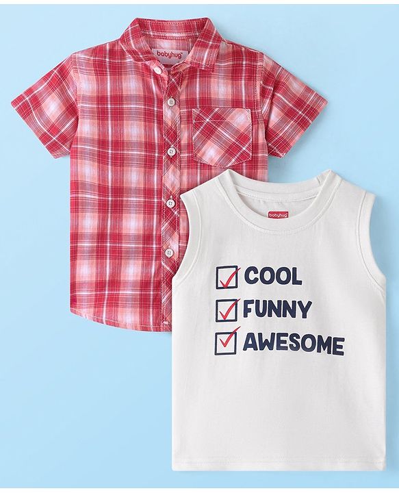 Babyhug 100% Cotton Woven Half Sleeves Regular Collar Check Shirt with Text Print T- Shirt-Multicolour