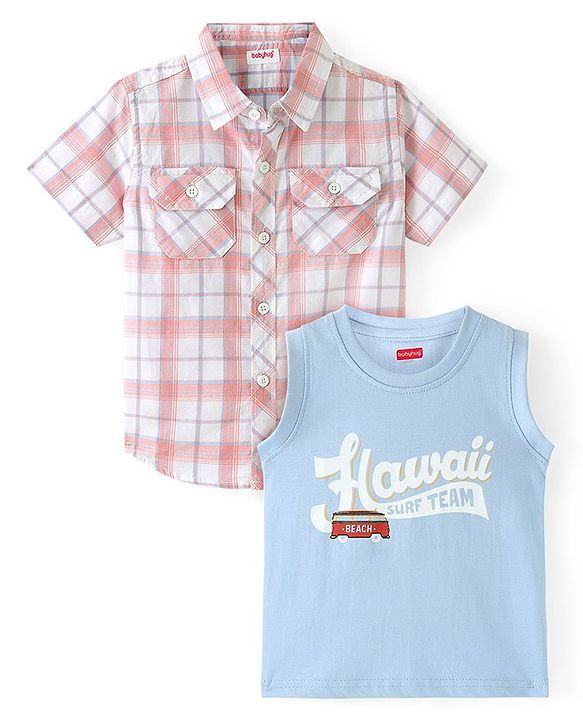 Babyhug Cotton Woven Half Sleeves Check Shirt with Hawaii Printed T-Shirt - Peach & Blue