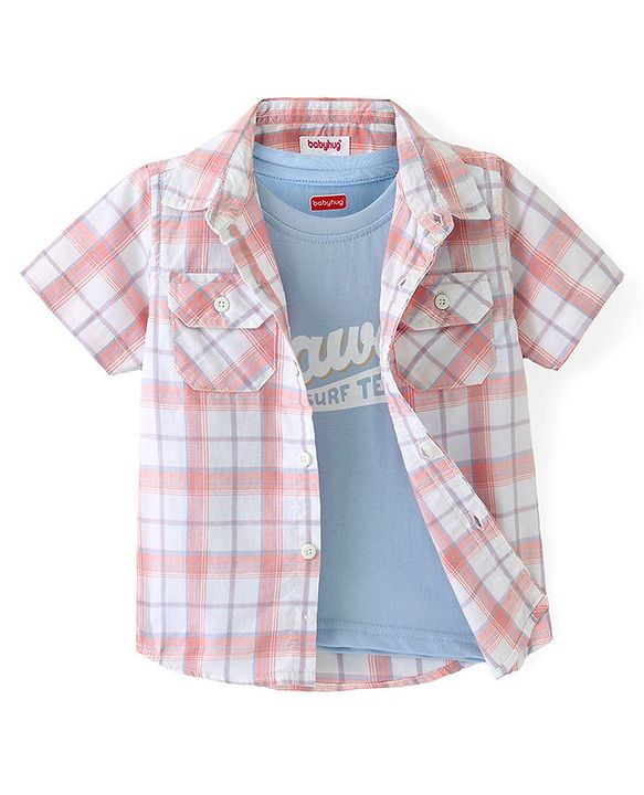 Babyhug Cotton Woven Half Sleeves Check Shirt with Hawaii Printed T-Shirt - Peach & Blue