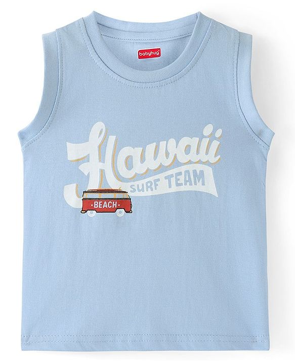 Babyhug Cotton Woven Half Sleeves Check Shirt with Hawaii Printed T-Shirt - Peach & Blue