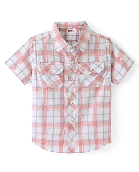 Babyhug Cotton Woven Half Sleeves Check Shirt with Hawaii Printed T-Shirt - Peach & Blue