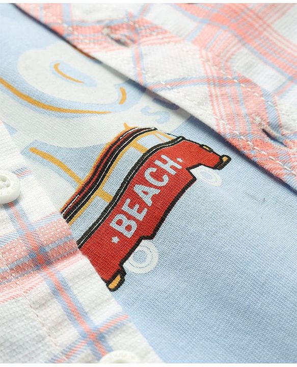 Babyhug Cotton Woven Half Sleeves Check Shirt with Hawaii Printed T-Shirt - Peach & Blue