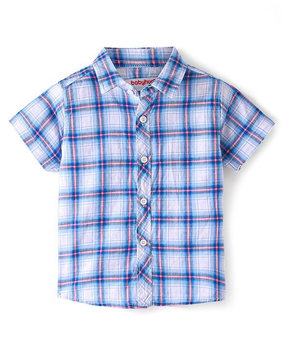 Babyhug 100% Cotton Woven Half Sleeves Regular Collar Checked Shirt with Bow - Blue