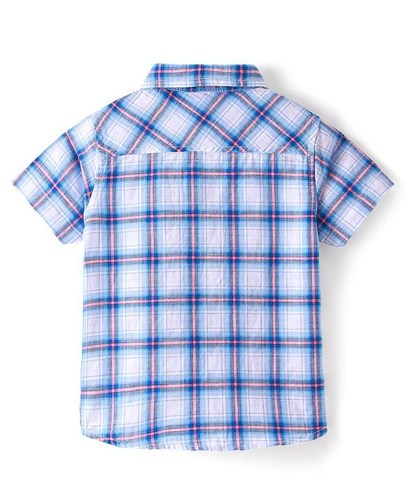 Babyhug 100% Cotton Woven Half Sleeves Regular Collar Checked Shirt with Bow - Blue
