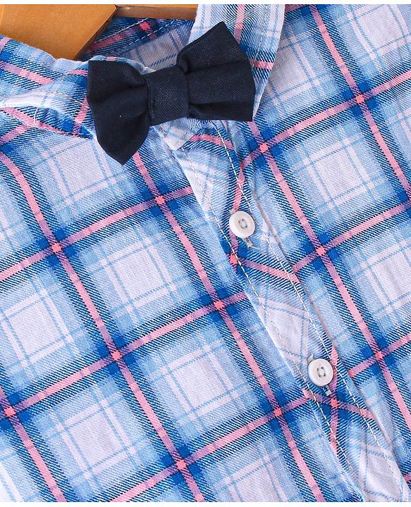 Babyhug 100% Cotton Woven Half Sleeves Regular Collar Checked Shirt with Bow - Blue