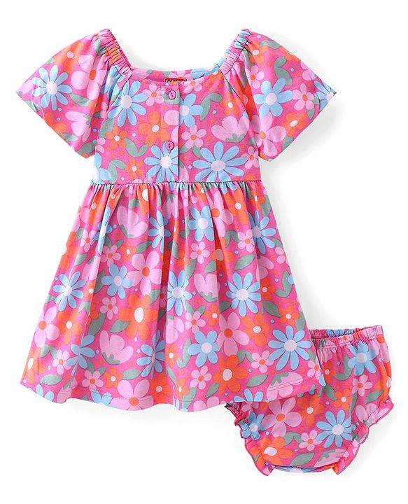 Babyhug Single Jersey Knit Half Sleeves Floral Printed Frock with Bloomer - Multicolor