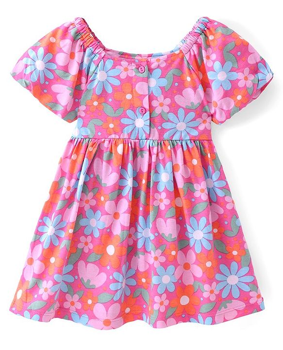 Babyhug Single Jersey Knit Half Sleeves Floral Printed Frock with Bloomer - Multicolor