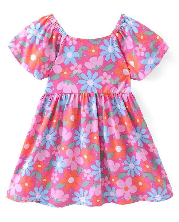 Babyhug Single Jersey Knit Half Sleeves Floral Printed Frock with Bloomer - Multicolor