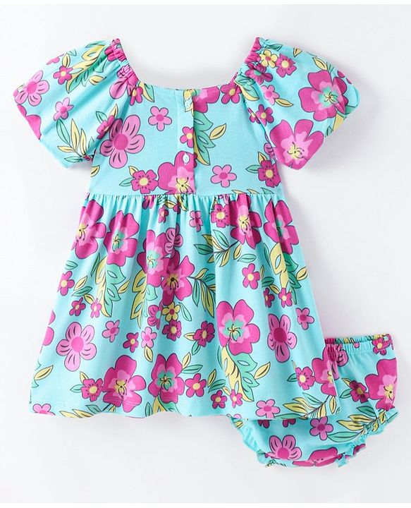 Babyhug Single Jersey Knit Half Sleeves Frock With Bloomer Floral Print - Blue