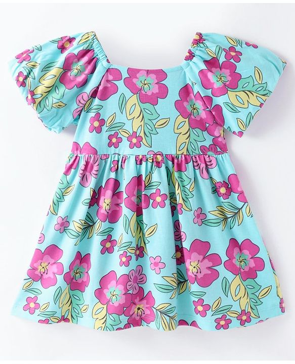 Babyhug Single Jersey Knit Half Sleeves Frock With Bloomer Floral Print - Blue