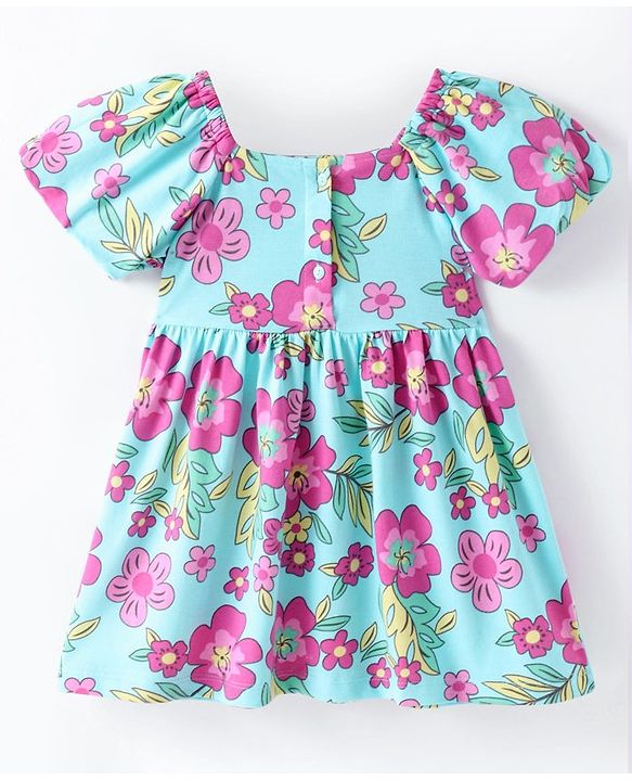 Babyhug Single Jersey Knit Half Sleeves Frock With Bloomer Floral Print - Blue