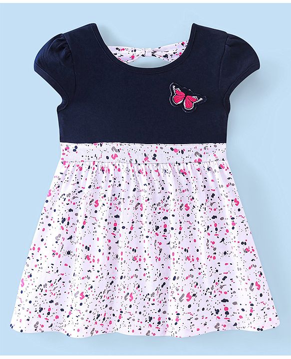 Babyhug Cotton Knit  Half Sleeves Frock Butterfly Embroidery - Navy