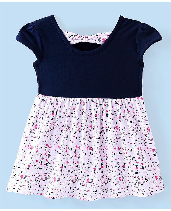 Babyhug Cotton Knit  Half Sleeves Frock Butterfly Embroidery - Navy