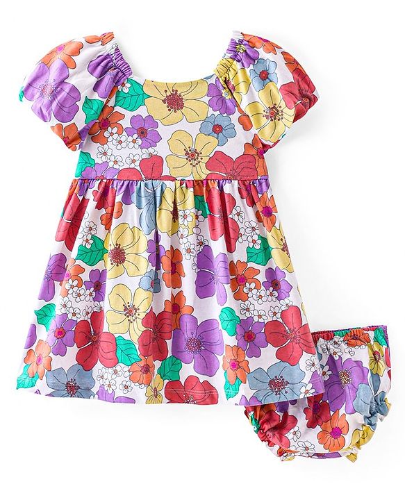 Babyhug Single Jersey Half Sleeves Frock with Bloomer Floral Print - Multicolor