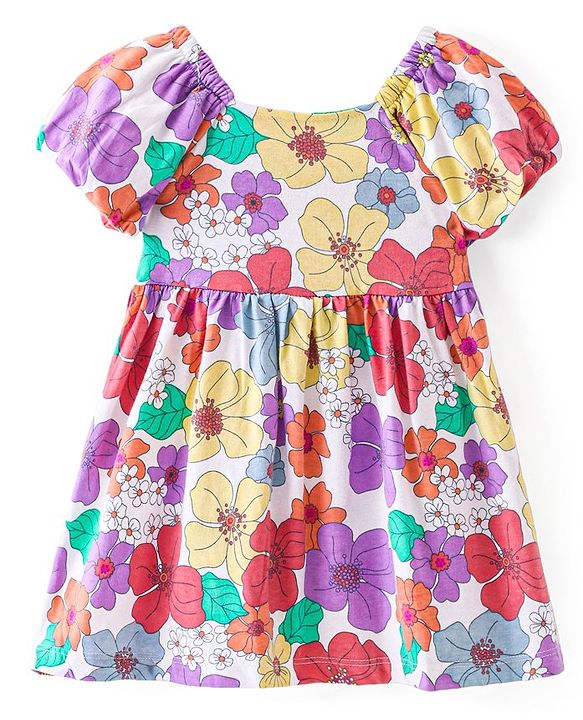 Babyhug Single Jersey Half Sleeves Frock with Bloomer Floral Print - Multicolor